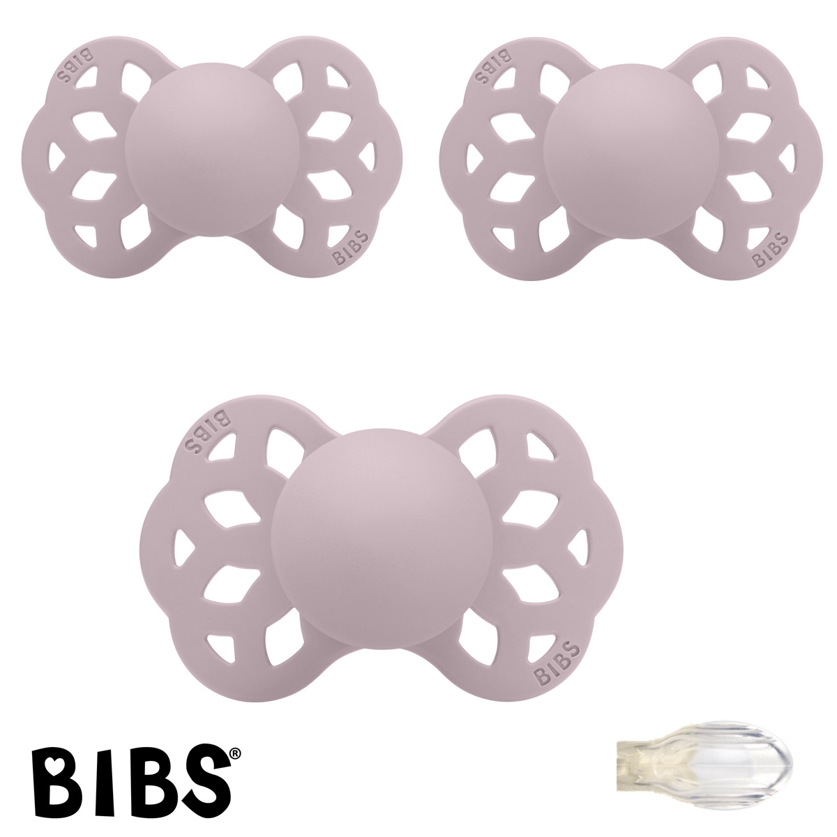 BIBS Infinity Sutter med navn str2, 3 Dusky Lilac, Symmetrisk Silikone, Pakke med 3 sutter